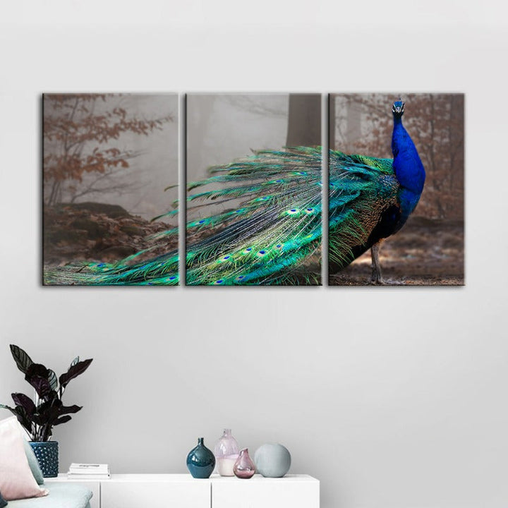 Vivid Peacock By The Pond-Canvas Wall Art Painting 3 Pieces