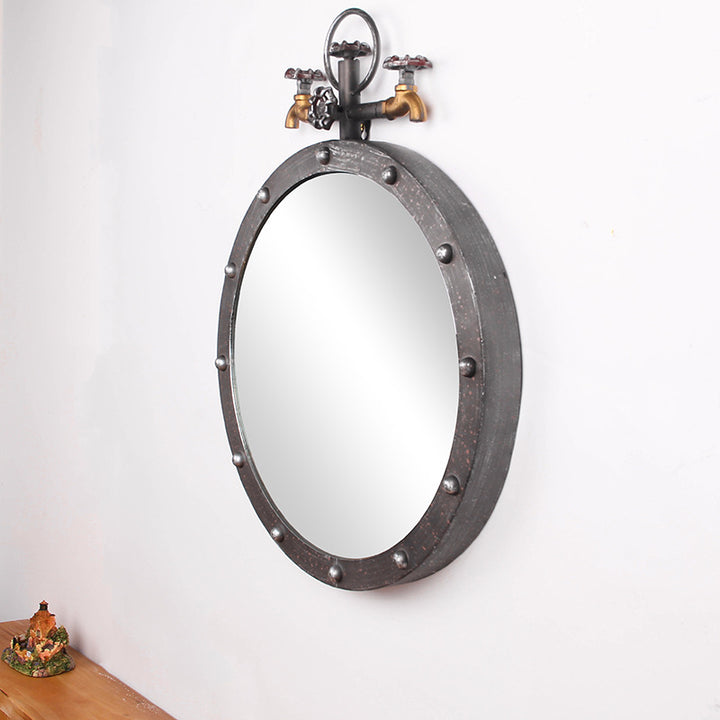 Industrial-Style Round Wall Mirror with Vintage Pipe Design