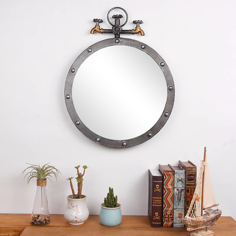 Industrial-Style Round Wall Mirror with Vintage Pipe Design
