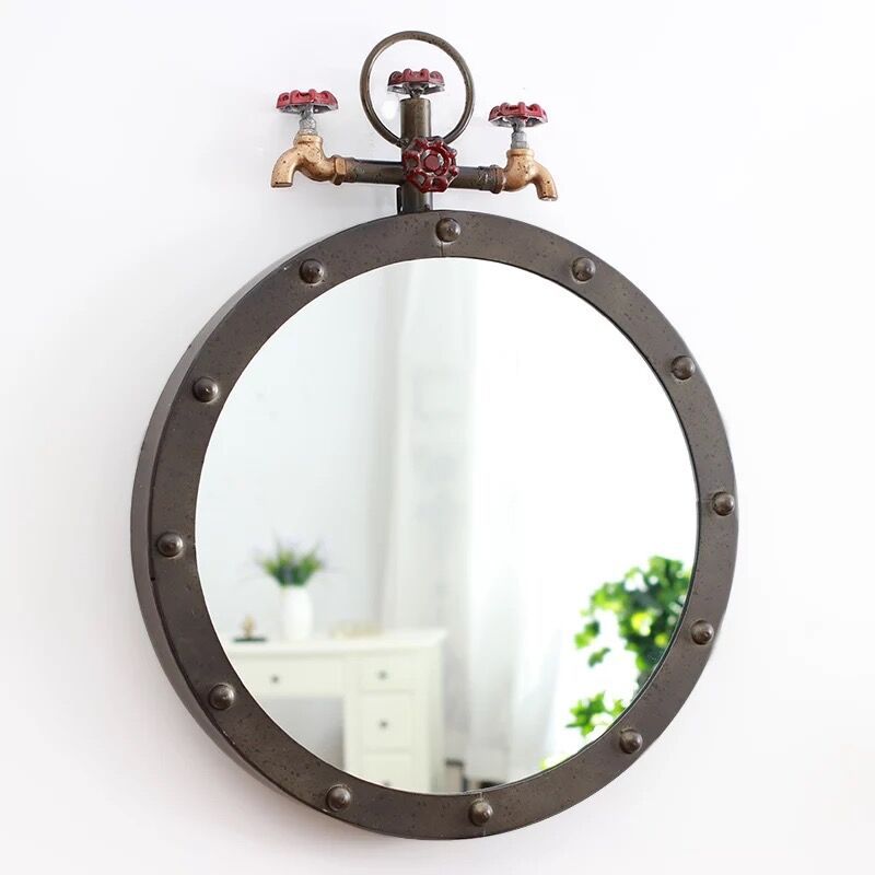 Industrial-Style Round Wall Mirror with Vintage Pipe Design
