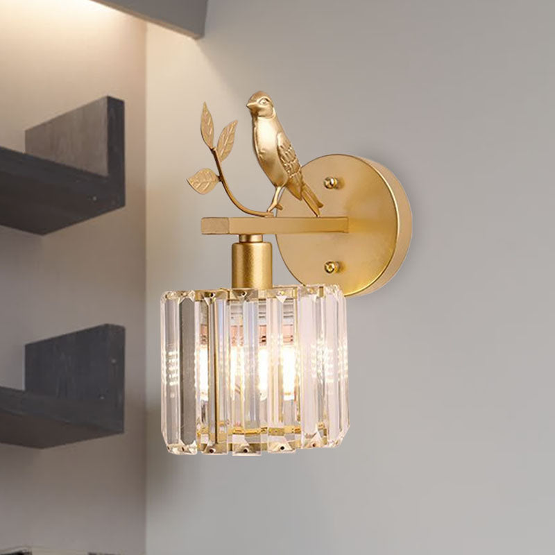 Black/Gold 1 Bulb Sconce Lamp Minimalism K9 Crystal Cylindrical Wall Lighting with Bird Decoration