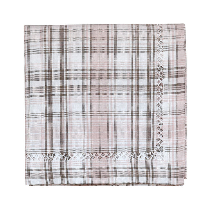 Round cotton tablecloth in check pattern with decorative crochet border