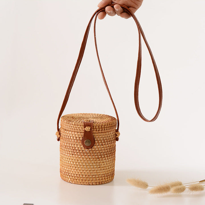 Handwoven basket with leather handle