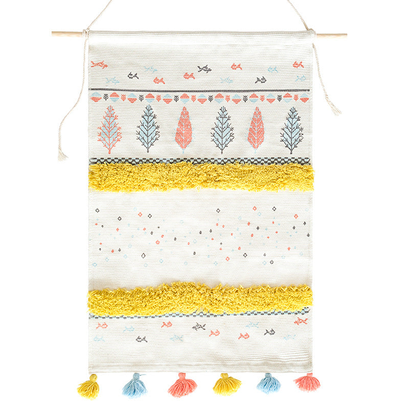 Wall tapestry in Scandi-Boho style with tufting stripes, tassels, and wooden rod