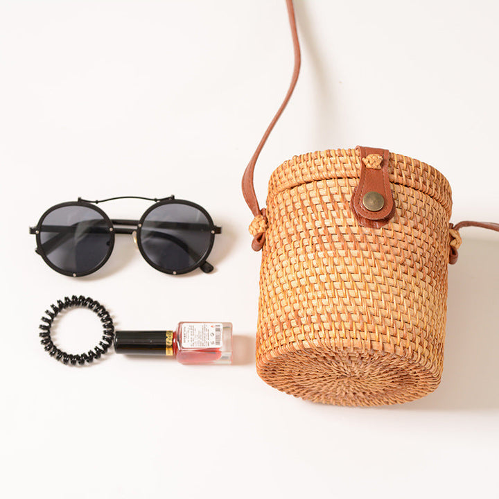 Handwoven basket with leather handle