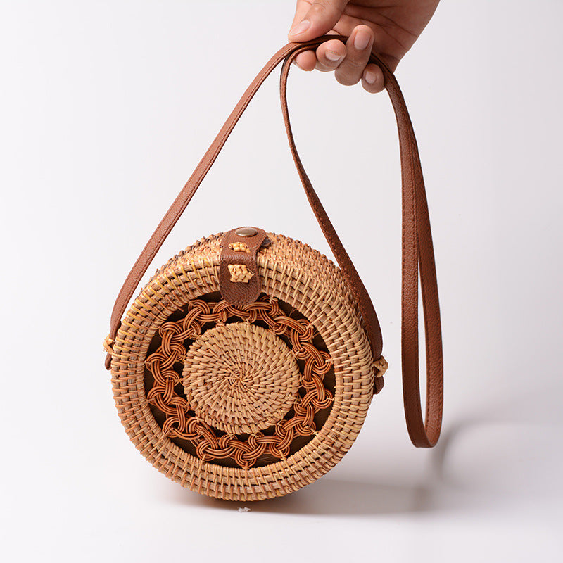 Elegant round handbag made of woven rattan