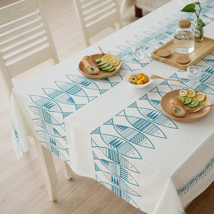 Rectangular cotton blend tablecloth with decorative fish jacquard and easy-care finish
