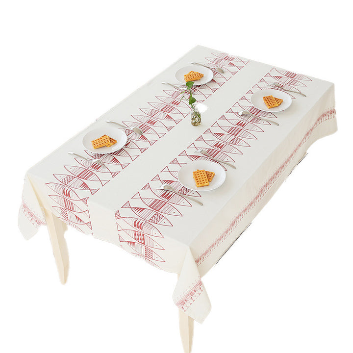 Rectangular cotton blend tablecloth with decorative fish jacquard and easy-care finish
