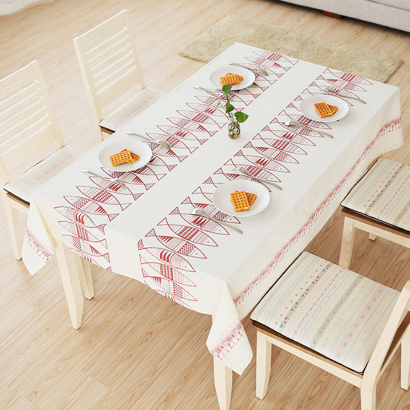 Rectangular cotton blend tablecloth with decorative fish jacquard and easy-care finish