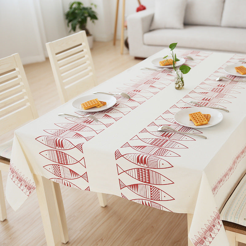 Rectangular cotton blend tablecloth with decorative fish jacquard and easy-care finish