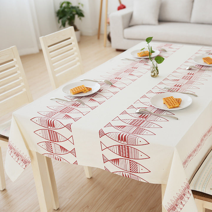 Rectangular cotton blend tablecloth with decorative fish jacquard and easy-care finish