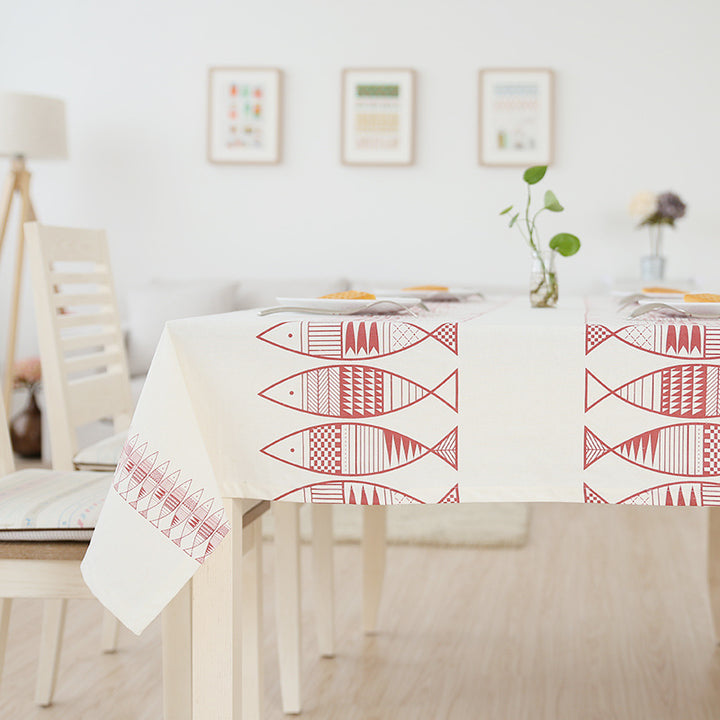 Rectangular cotton blend tablecloth with decorative fish jacquard and easy-care finish