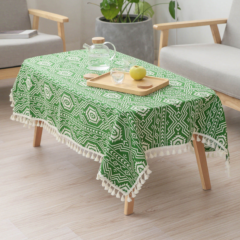 Woven cotton tablecloth in ethnic jacquard with tassel border