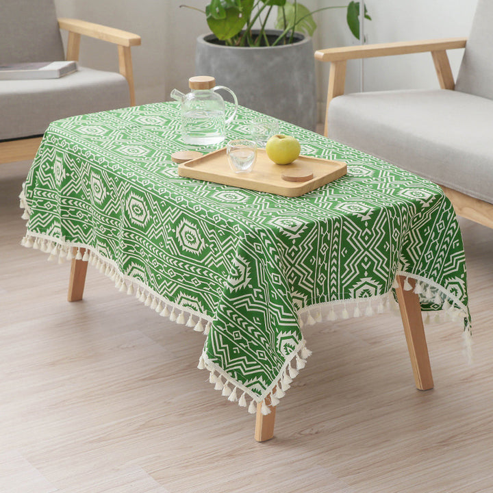 Woven cotton tablecloth in ethnic jacquard with tassel border