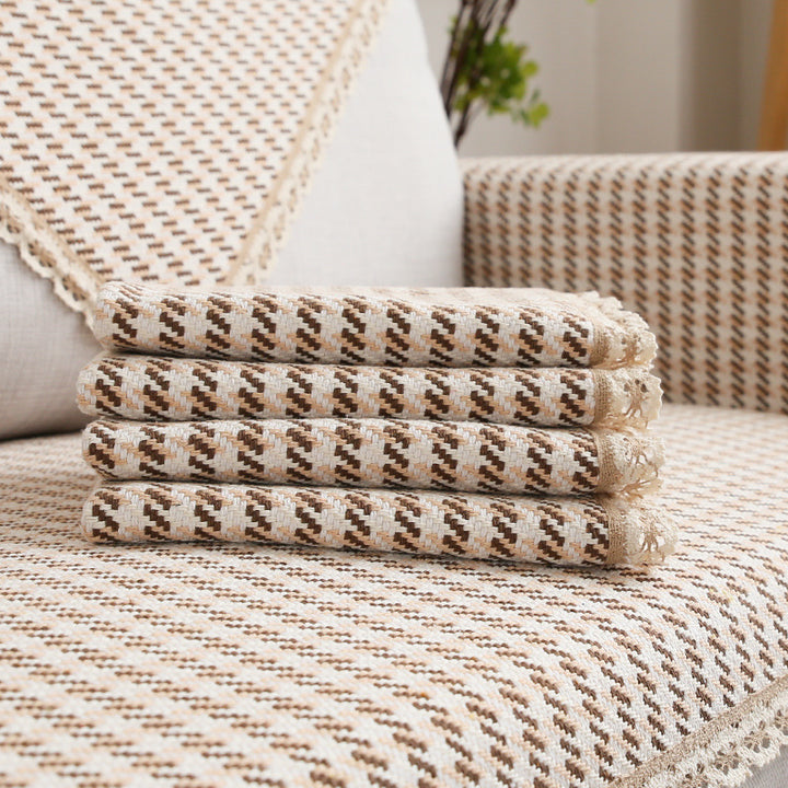 Crocheted sofa blanket set made of cotton mix with non-slip seat cushion and decorative corner cloths