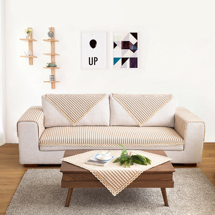 Crocheted sofa blanket set made of cotton mix with non-slip seat cushion and decorative corner cloths