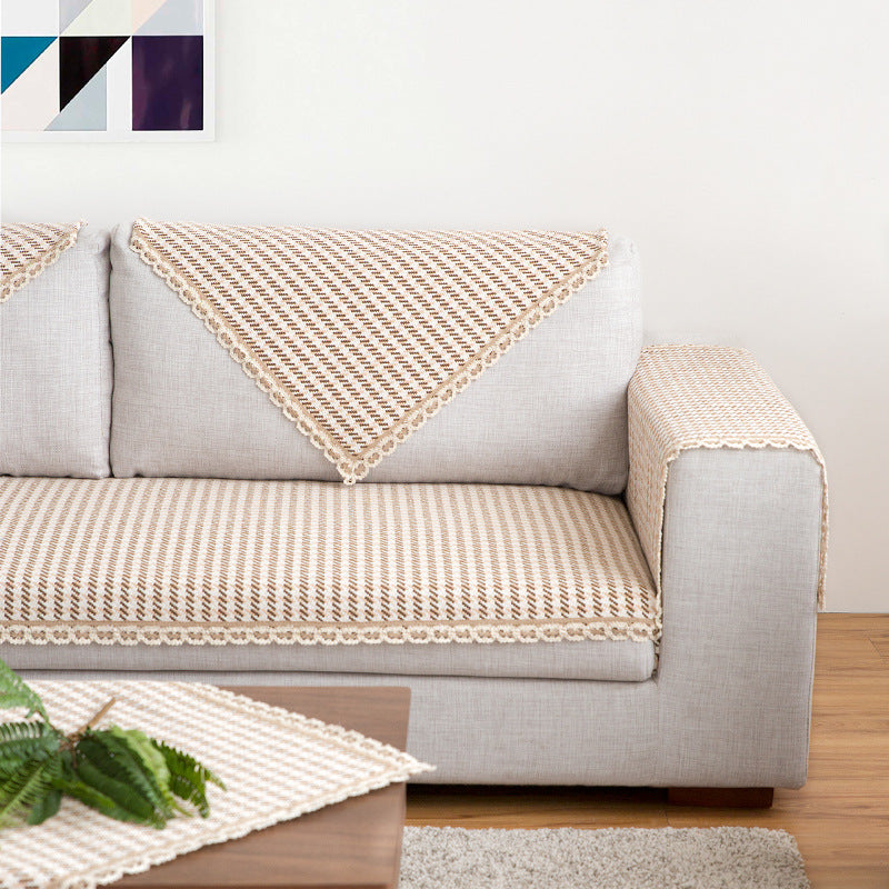 Crocheted sofa blanket set made of cotton mix with non-slip seat cushion and decorative corner cloths