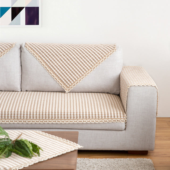 Crocheted sofa blanket set made of cotton mix with non-slip seat cushion and decorative corner cloths