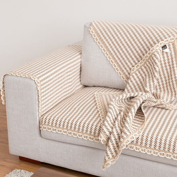 Crocheted sofa blanket set made of cotton mix with non-slip seat cushion and decorative corner cloths