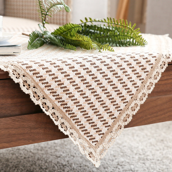 Crocheted sofa blanket set made of cotton mix with non-slip seat cushion and decorative corner cloths