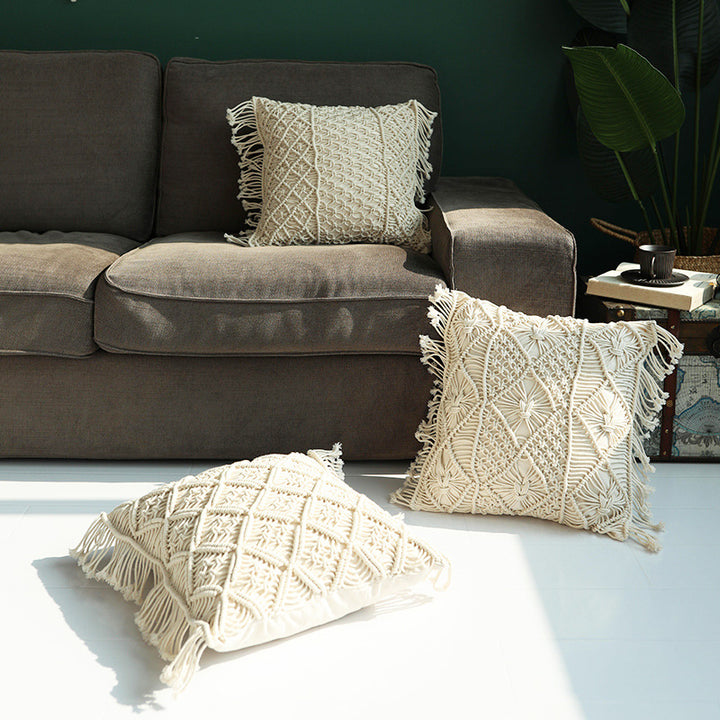 Boho macrame pillow cover with hand-knotted ornament relief and cotton texture