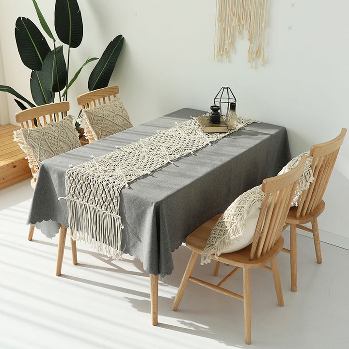 Hand-knotted macrame table runner with geometric knot relief