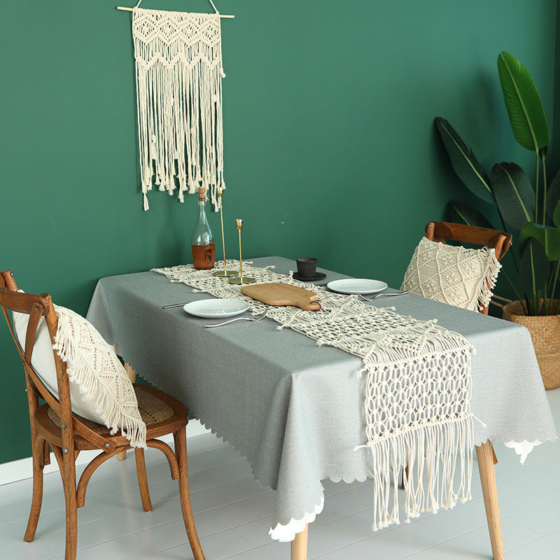 Hand-knotted macrame table runner with geometric knot relief