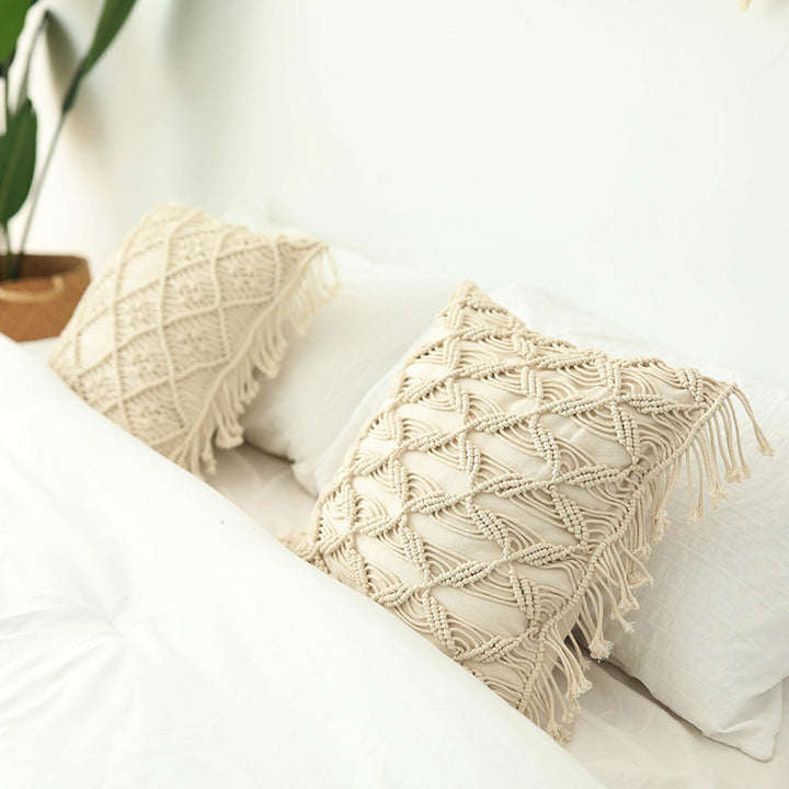 Round Macrame Decorative Pillow with Hand-Knotted Cotton Cover and Fringes