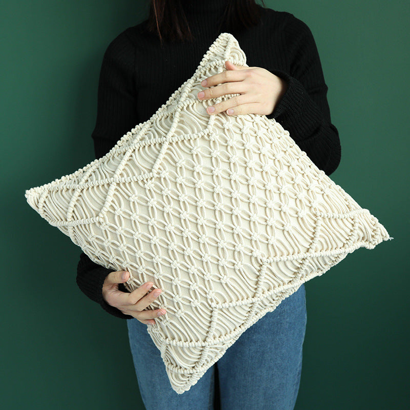 Boho macrame pillow cover with hand-knotted ornament relief and cotton texture