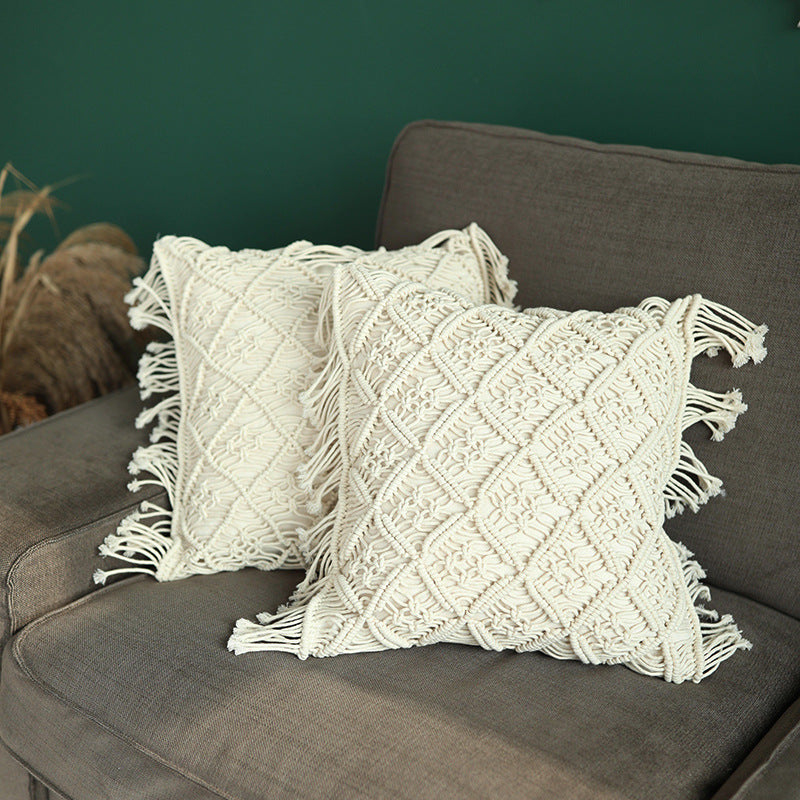 Round Macrame Decorative Pillow with Hand-Knotted Cotton Cover and Fringes