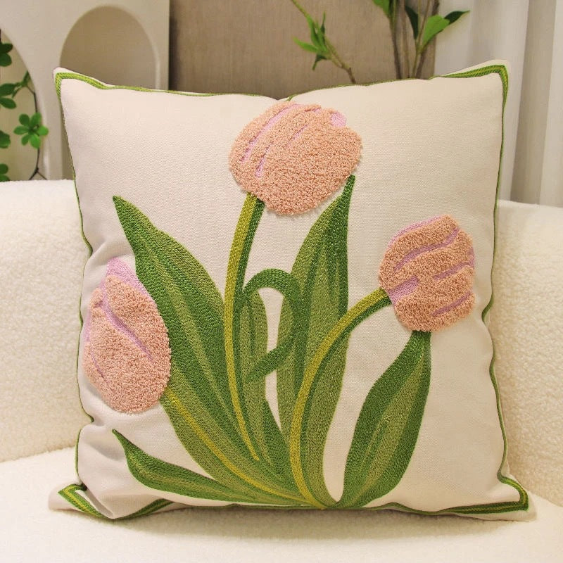 Embroidered Floral Decorative Throw Pillow