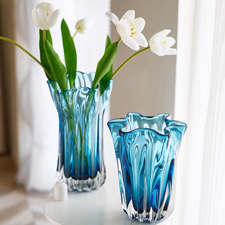 Tall Fluted Art Glass Centerpiece Vase with Sculpted Ruffled Rim