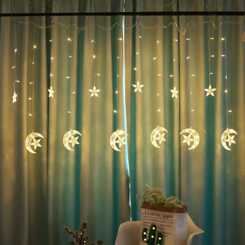 Festive LED Curtain String Lights with Hanging Star-Bell Tree and Reindeer Ornaments
