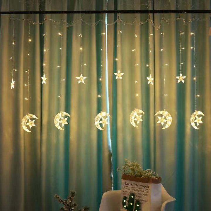 Festive LED Curtain String Lights with Hanging Star-Bell Tree and Reindeer Ornaments