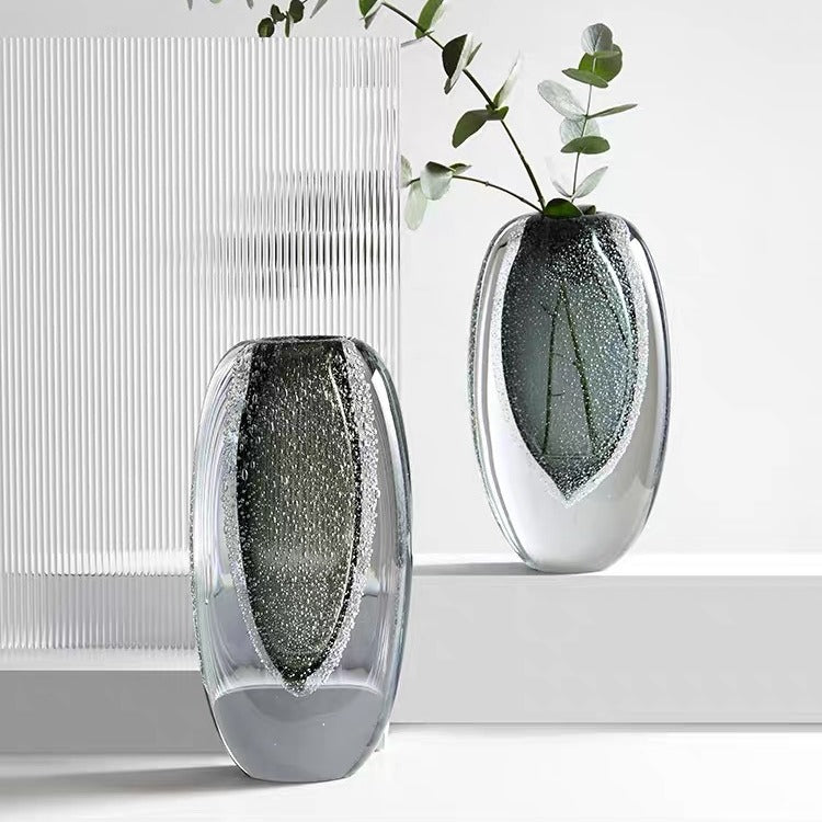 Double-Layer Hand-Blown Sculptural Glass Bud Vase with Encased Bubble Core