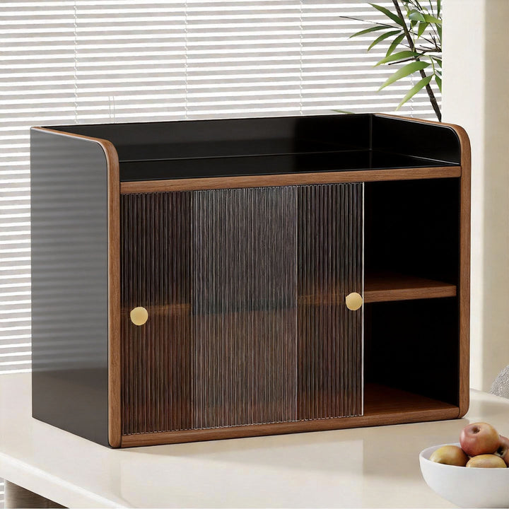 Countertop Wooden Kitchen Storage Cabinet with Sliding Smoky Glass Doors