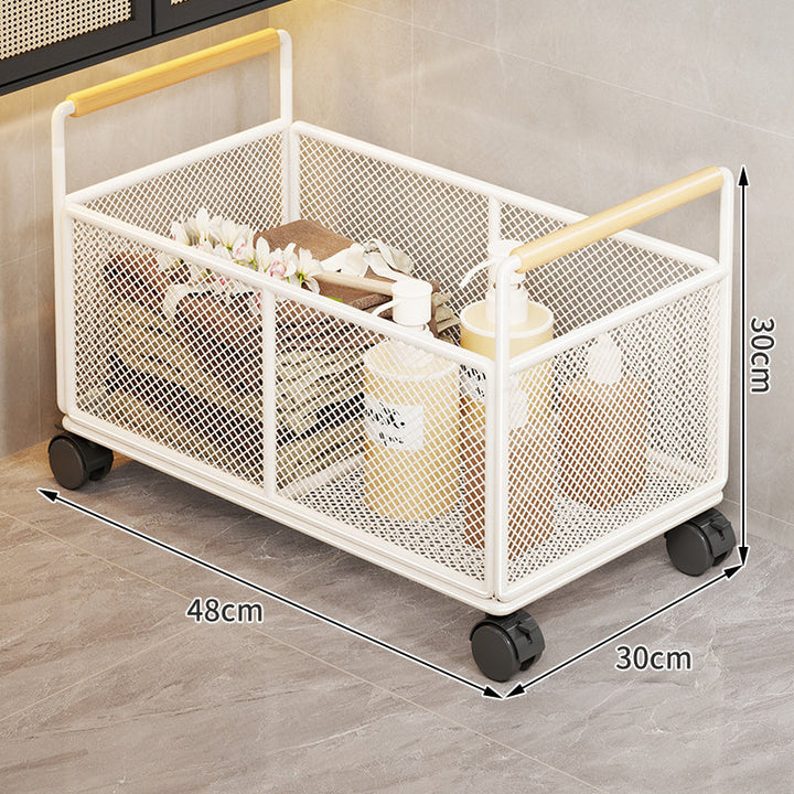 Mesh Metal Storage Organizer Basket with Wooden Grip Handles