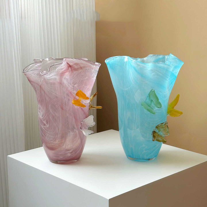 Hand-Blown Decorative Speckled Ruffled-Rim Art Glass Vase with Applied Flower Accents