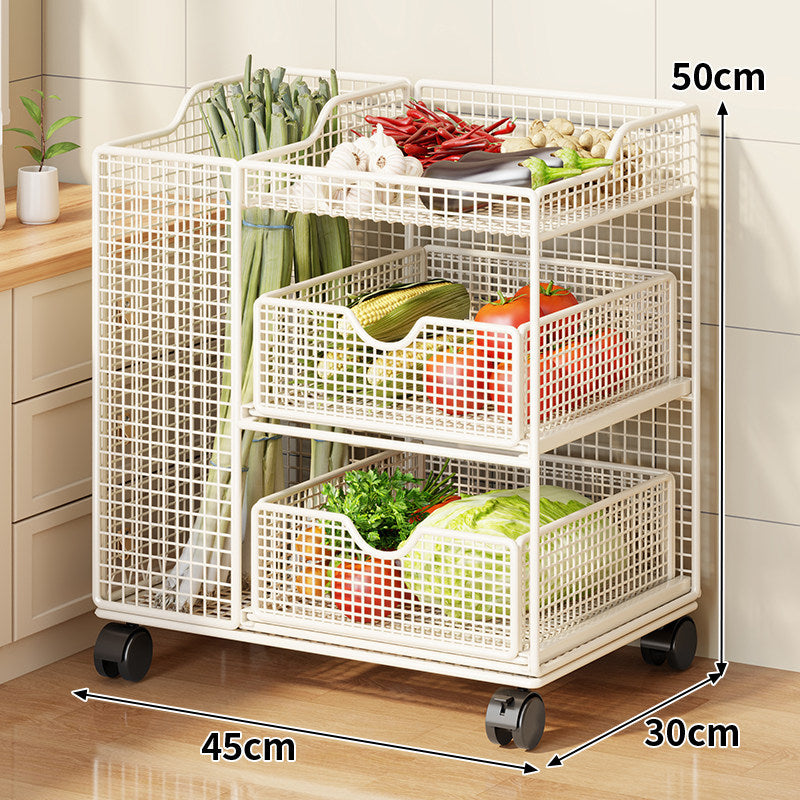 Rolling Metal Mesh Produce Storage Cart with Tall Vertical Compartment and Removable Shelves