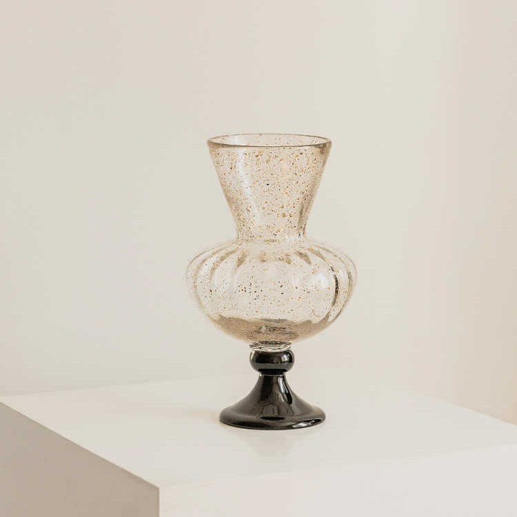 Speckled Hand-Blown Ribbed Pedestal Glass Vase