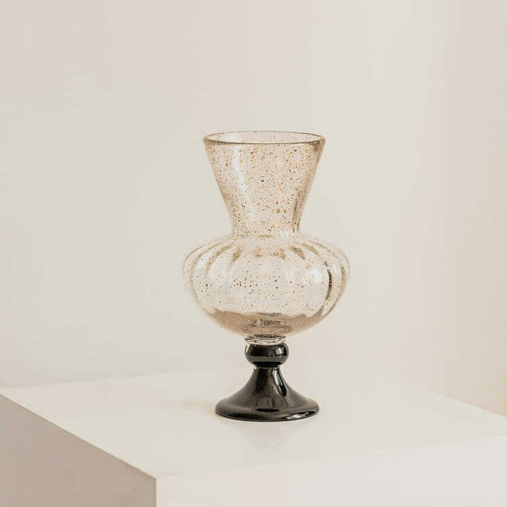 Speckled Hand-Blown Ribbed Pedestal Glass Vase