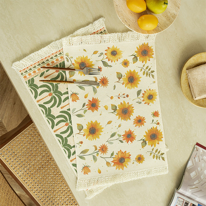 Rectangular woven rug in tropical palm pattern with flat weave and fringes