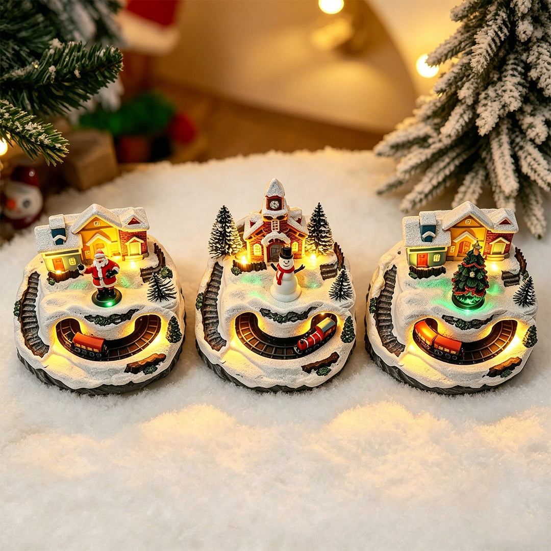 Movable Christmas village with lights and snowman