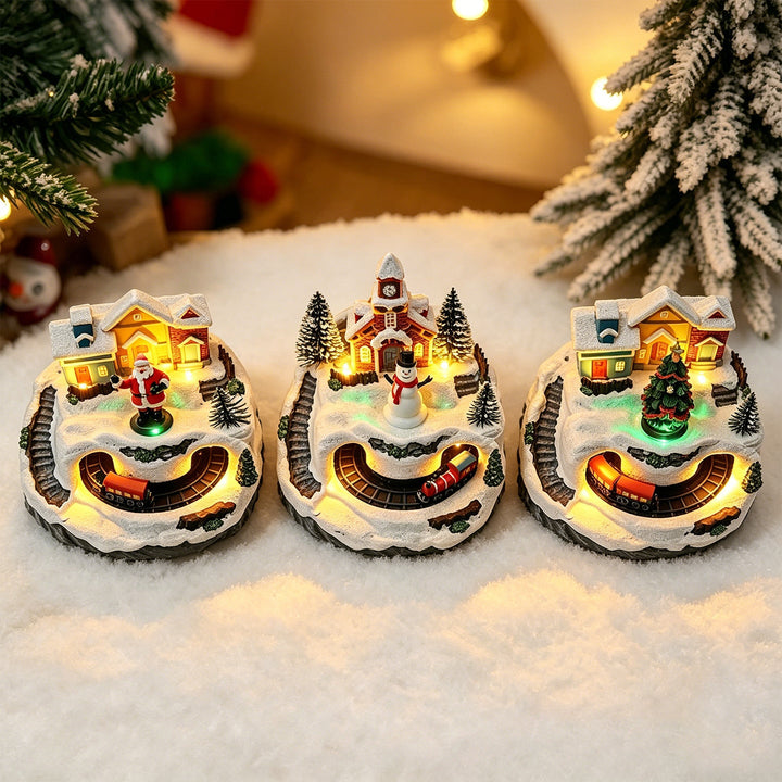 Movable Christmas village with lights and snowman