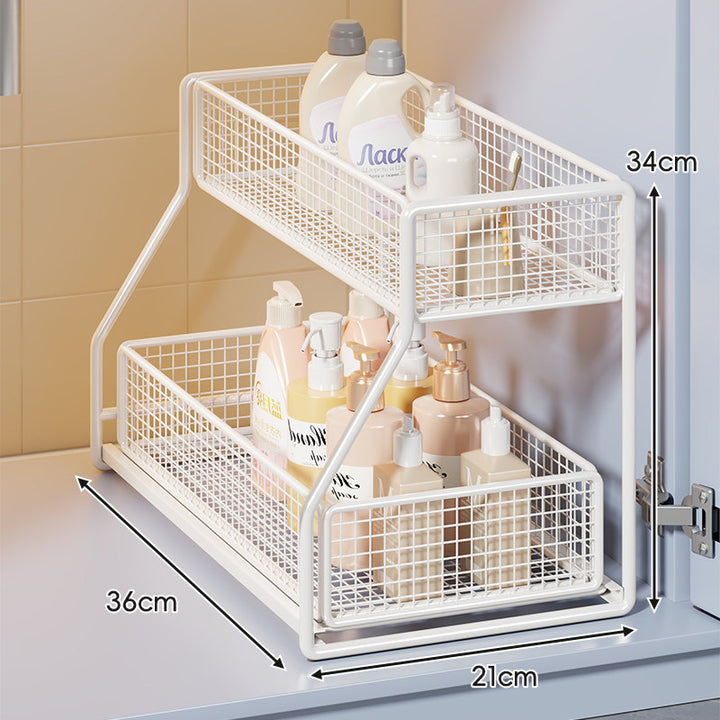 Staggered Wire-Mesh Cabinet Storage Organizer with Slim Slide Base and Raised Perimeter