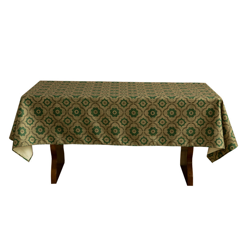 Woven rectangular tablecloth with geometric floral pattern and linen look