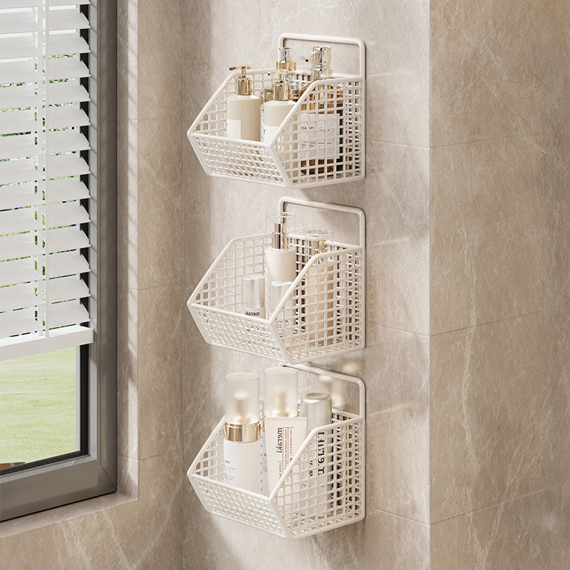 Wall-Mounted Dual-Tier Grid Mesh Bathroom Shower Caddy with Drainable Baskets