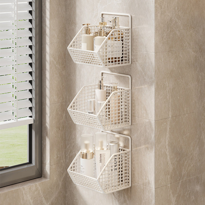 Wall-Mounted Dual-Tier Grid Mesh Bathroom Shower Caddy with Drainable Baskets