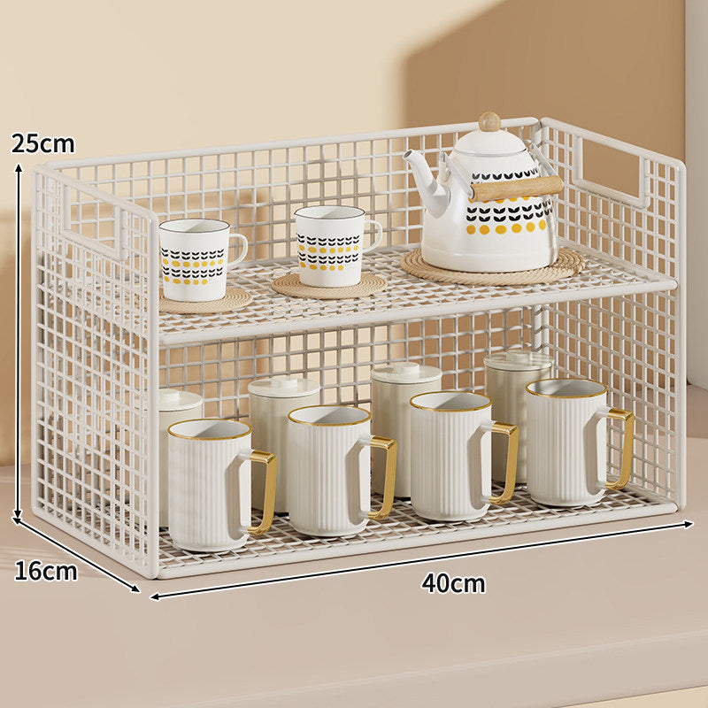 Three-Tier Wire Grid Countertop Display Shelf with Faux-Wood Removable Trays