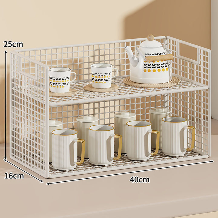Three-Tier Wire Grid Countertop Display Shelf with Faux-Wood Removable Trays